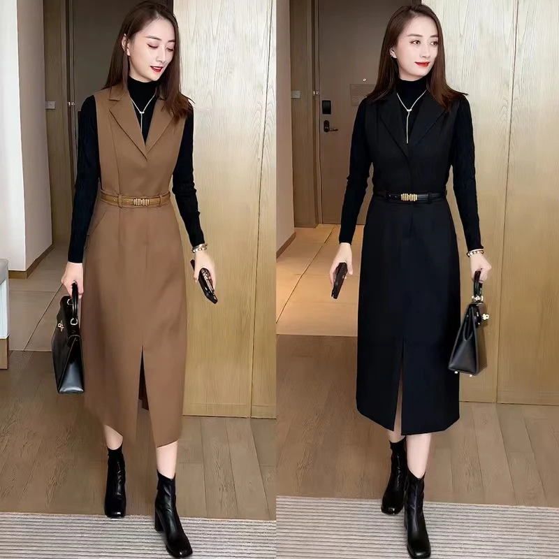 中长款时尚套装裙女2023秋冬新款洋气毛衣背心连衣裙轻职风两件套