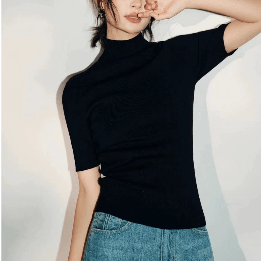 185【哈迪】半高领修身薄款短袖针织衫G-01