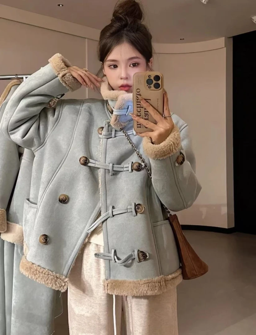 秋冬新款加绒加厚小个子机车羊羔毛麂皮绒皮毛一体仿皮草环保外套