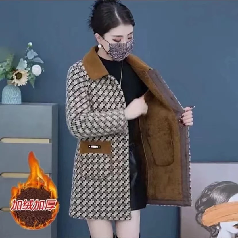 高品质加绒加厚秋冬新款中长款外套毛呢洋气保暖中老年妈妈装外套