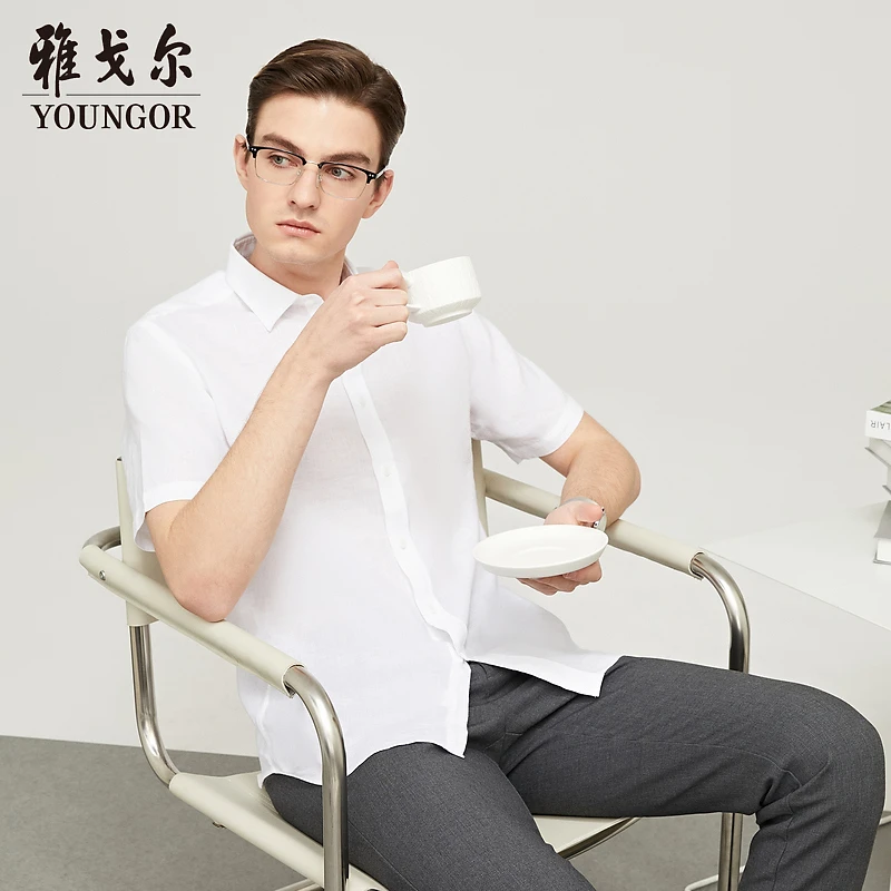 【弹力麻】雅戈尔夏季男士官方商务休闲舒适透气亚麻短袖衬衫薄款