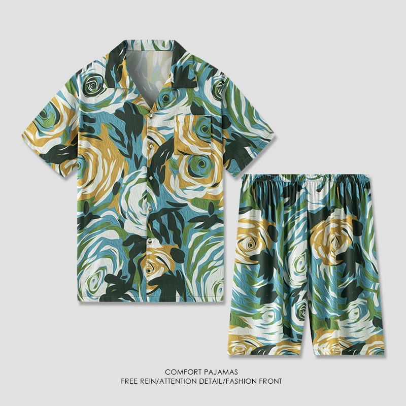 【大码】夏季男士冰爽丝睡衣短袖可外穿家居服-24007莫奈花园