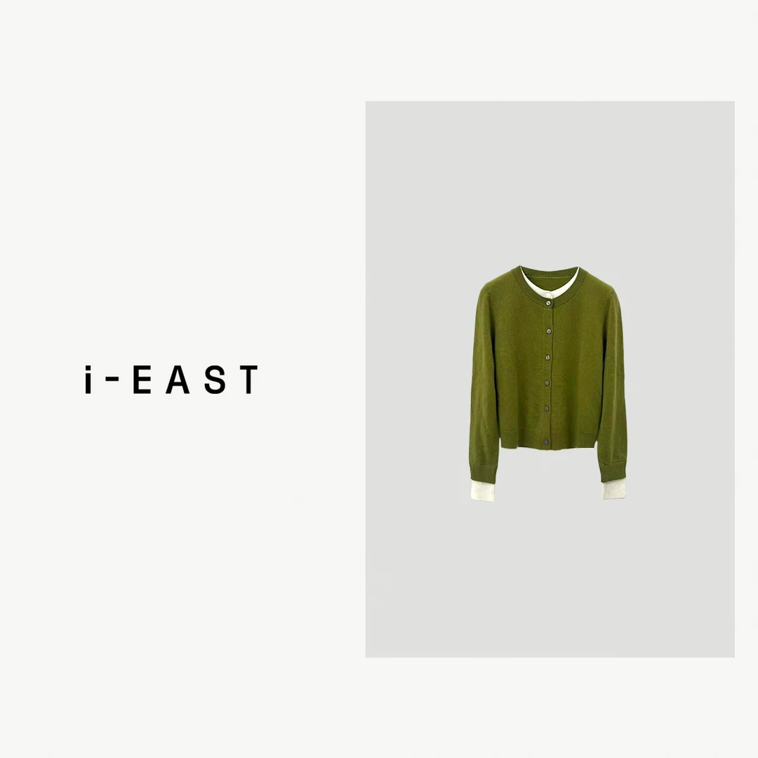 i-EAST 温柔暮色~拼接色简约百搭开毛织开衫-4Q SY0035