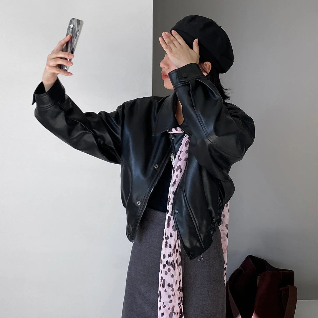 江左2024韩版百搭复古机车夹棉皮衣外套女PU短款夹克上衣