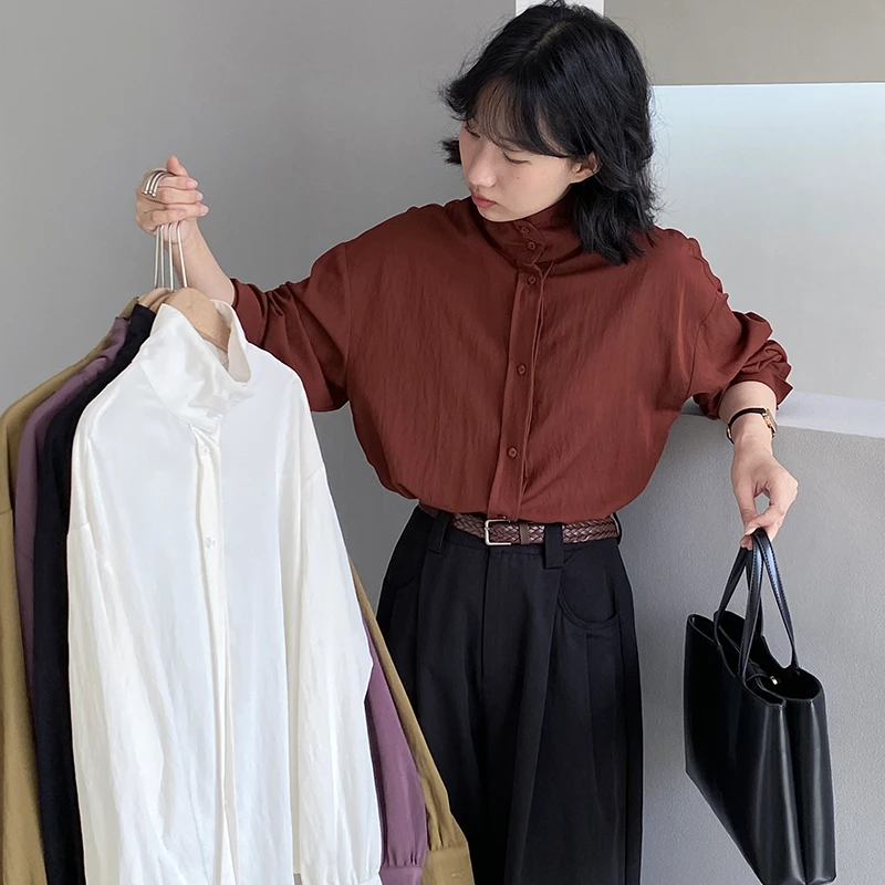 江左2024秋季韩版纯色长袖衬衫外套女休闲上衣叠穿百搭衬衣设计感