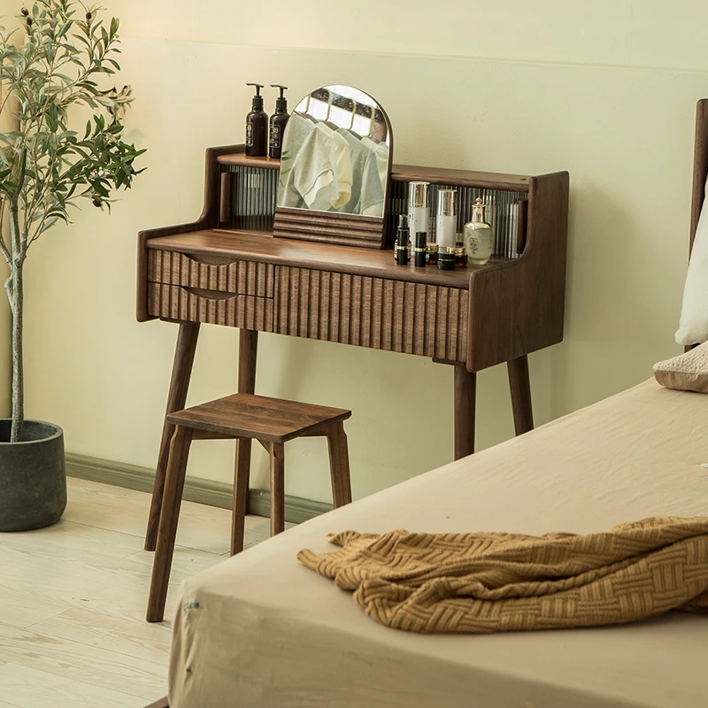 北美黑胡桃木梳妆台化妆桌小户型卧室带镜子北欧风简约写字桌定制