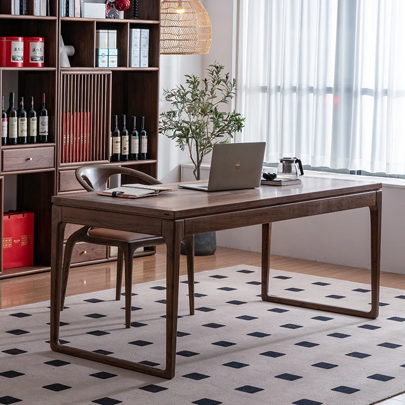 新中式实木双人长书桌书房北美黑胡桃木电脑桌家用靠墙办公写字台