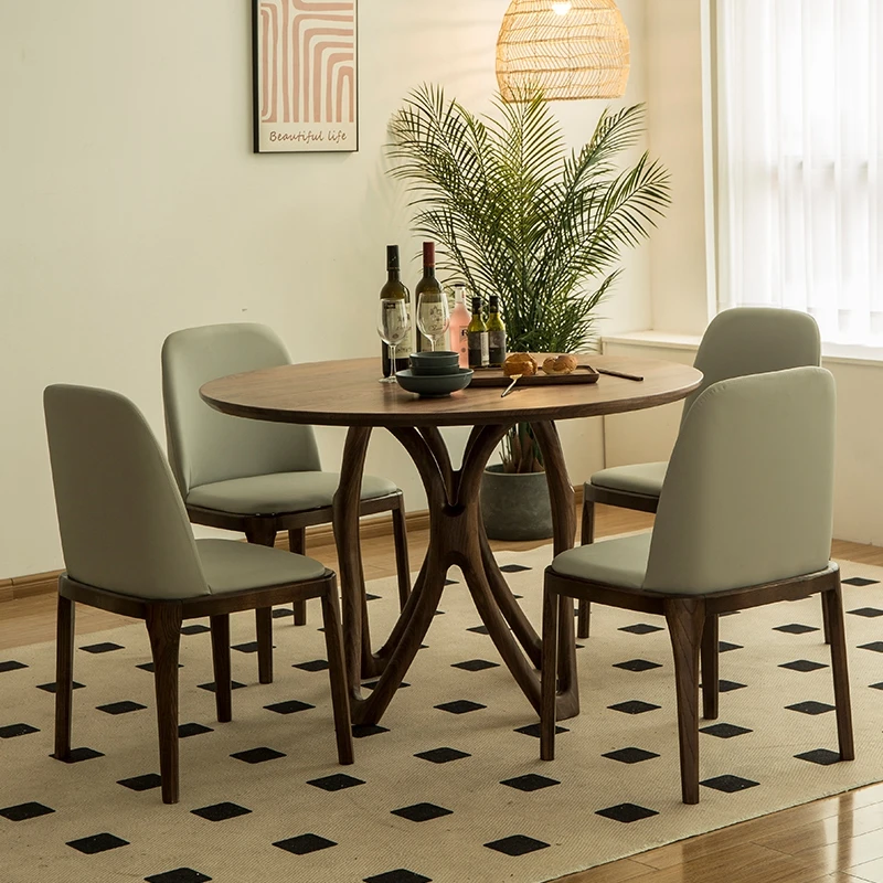 小户型家用岩板餐桌北美黑胡桃木圆桌餐厅实木新家入住必备家具