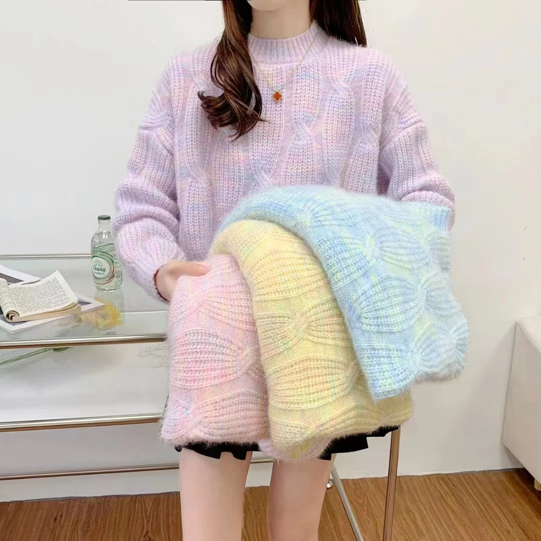 苏醒的乐园焕彩麻花加厚软糯宽松圆领SXMY32819百搭慵懒风毛衣女