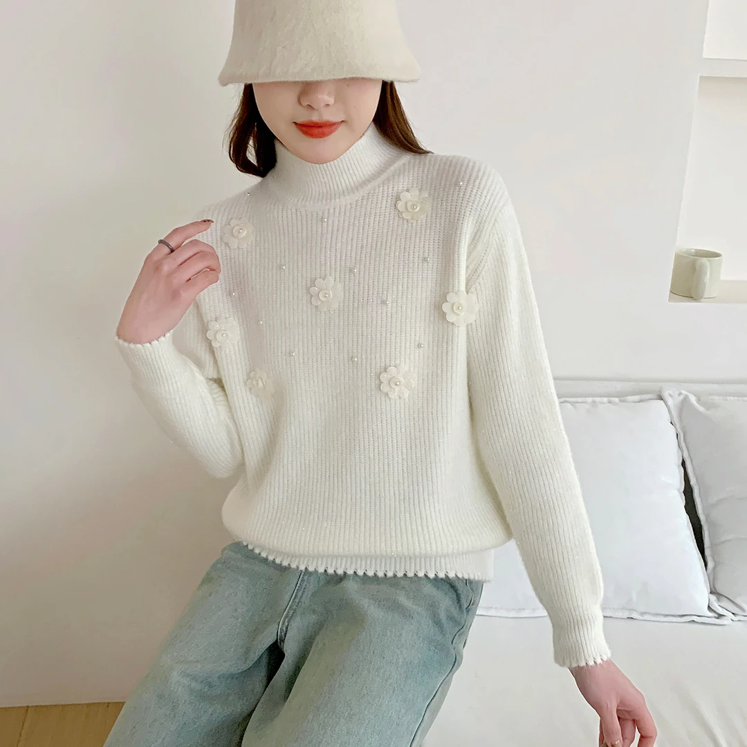 苏醒的乐园花朵钉珠加厚半高领SXMY32893时尚百搭显瘦宽版女毛衣