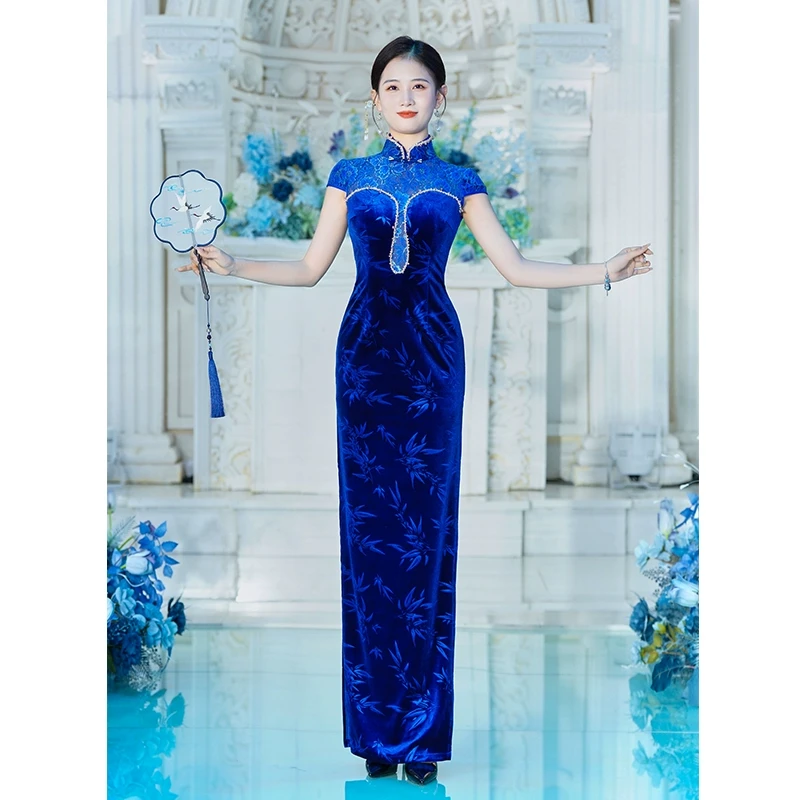 十里锦绣走秀旗袍长款礼服高端演出服丝绒连衣裙女2025秋冬新款