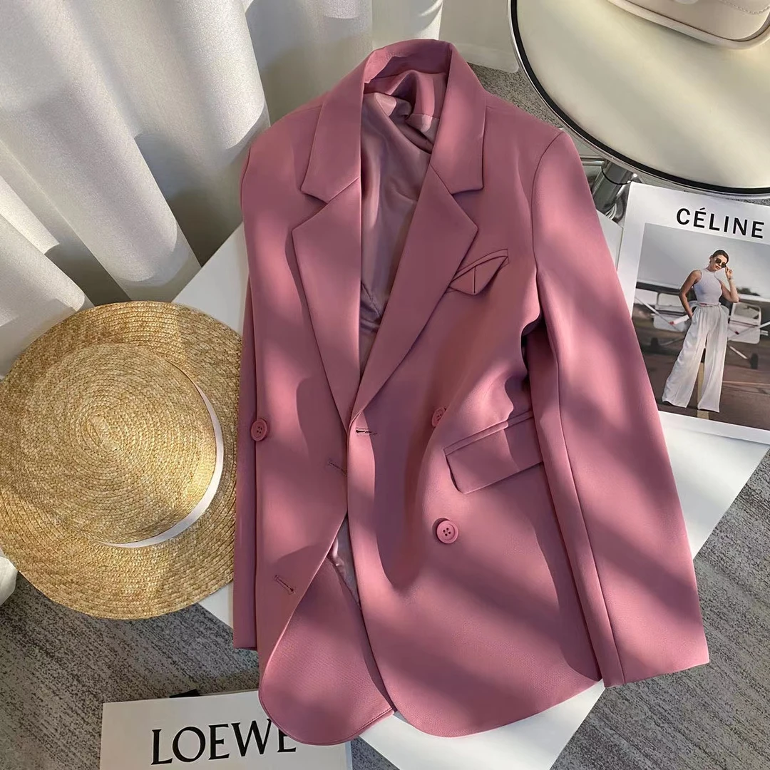 紫粉色西装外套女2023年春秋新款双排扣设计感时尚气质百搭小西服