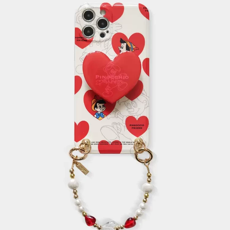 创意卡通匹诺曹爱心支架珍珠手链，适用于苹果系列，全包便携手机壳