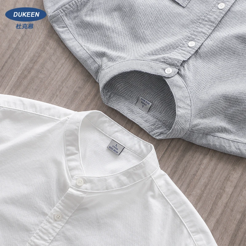 美式立领衬衫男长袖初秋棉高端休闲寸衫纯色牛津纺衬衣外套男士