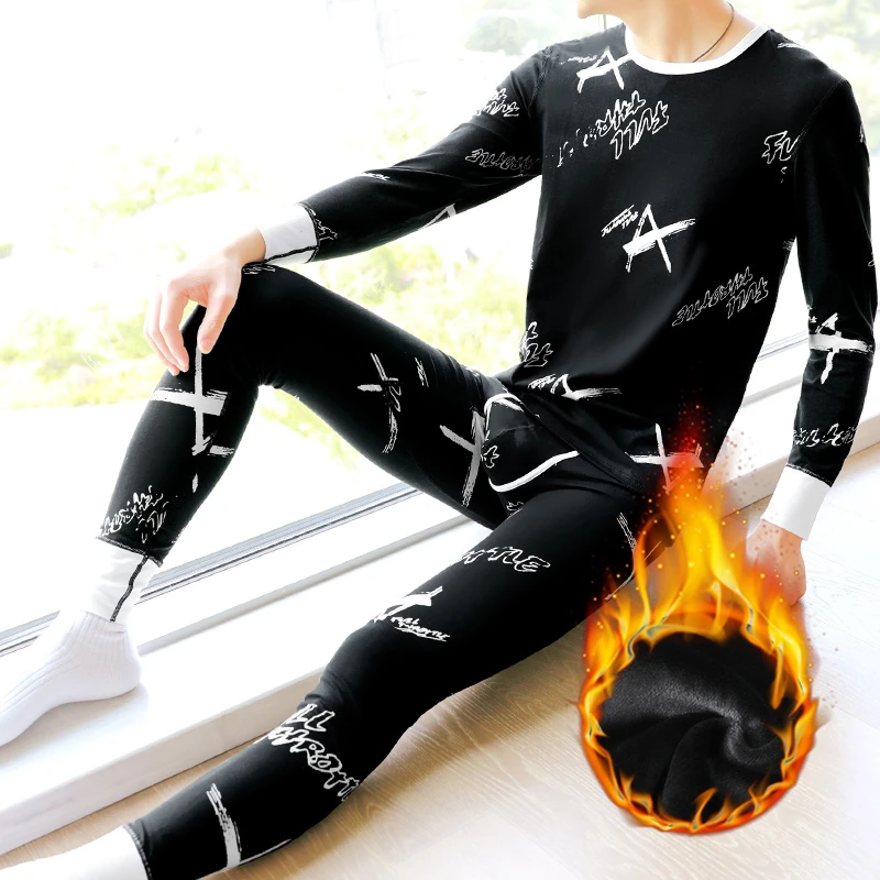 晶采潮牌男士加绒保暖套装加厚青年秋衣秋裤男生打底裤衬裤棉毛裤