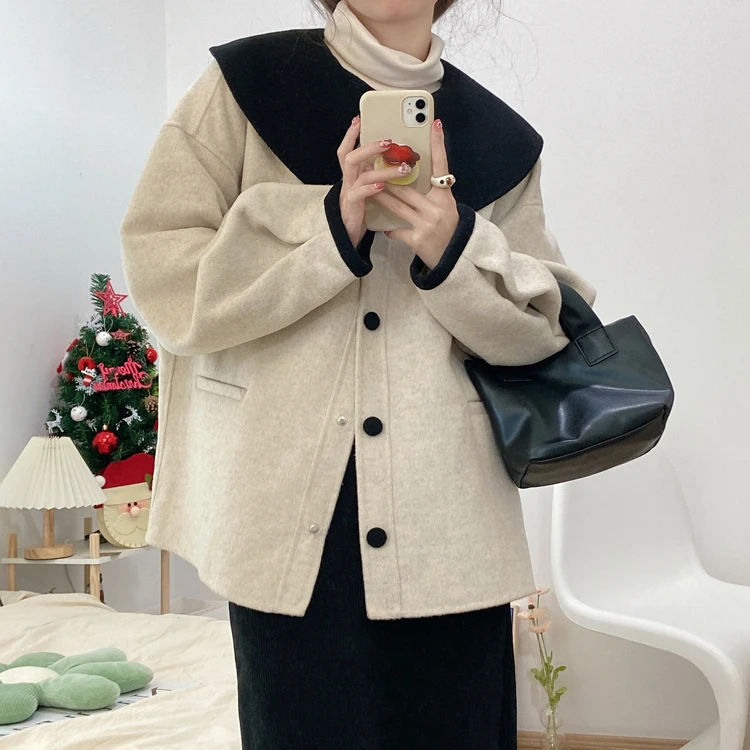 秋冬双面羊毛大衣可爱减龄公主领娃娃领女装大衣绵羊毛外套小个子