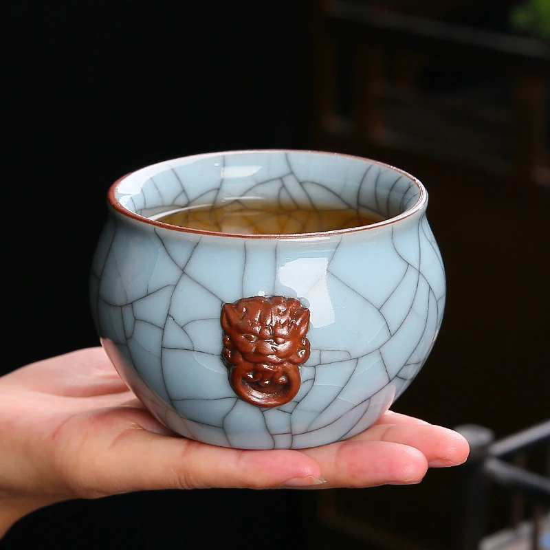 汝窑主人杯单杯大号开片蝉翼纹水缸杯品茗杯陶瓷功夫茶杯个人茶盏