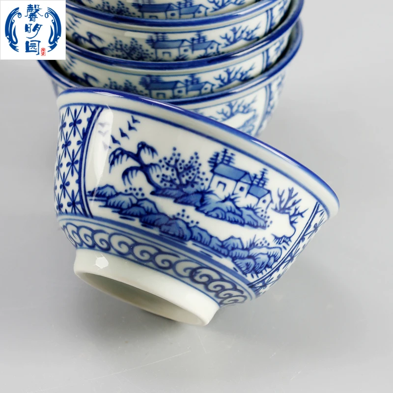 大埔县馨明园陶瓷青花釉下彩葵斗碗4.5英寸饭碗手绘山水田园防烫