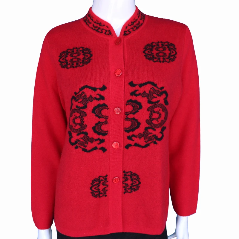 蒙妞立领·羊绒双纱双提加厚钉扣妈妈开衫时尚毛衣外套女士提花