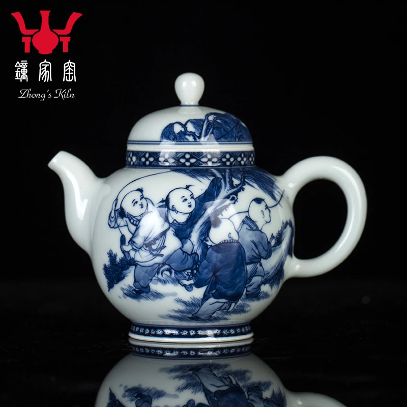 钟家窑茶壶单壶景德镇手绘青花柴窑童子茶壶大号大容量家用泡茶壶