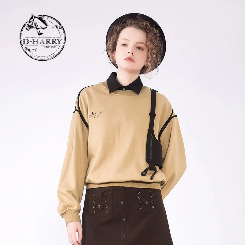 D-HARRY/迪哈利春女百搭显瘦背带拼色印花卫衣DH211B92361D