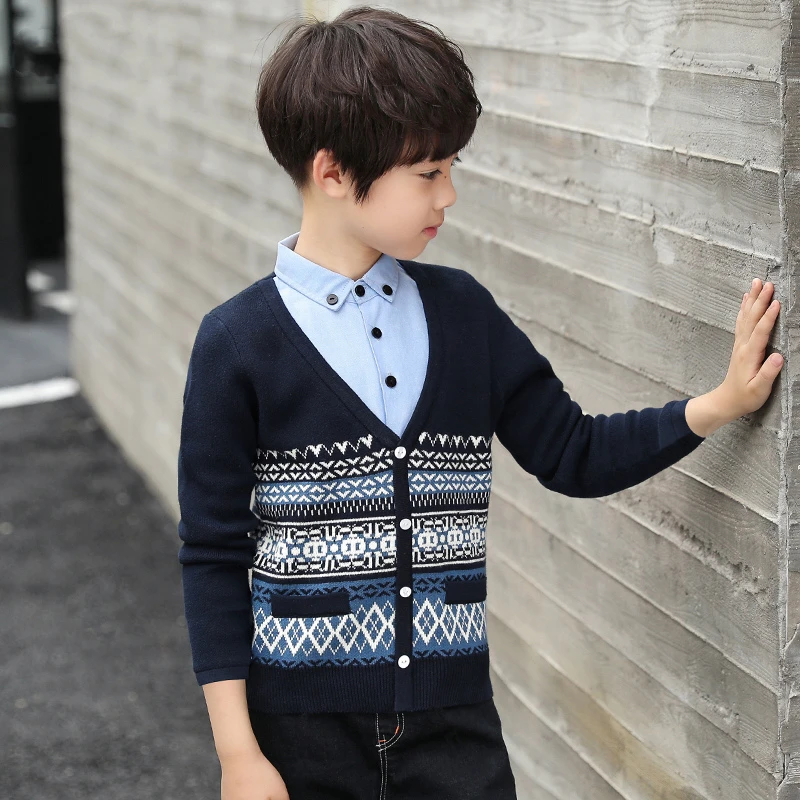 中班仔男童毛衣套头衬衫领针织衫假两件春秋儿童秋季中大童*30604
