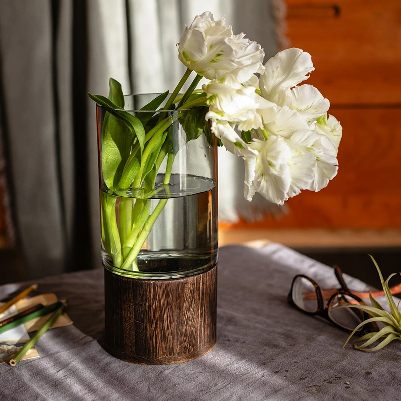掬涵木托玻璃花瓶餐桌面摆放带底座花盆简约风格水培花瓶水养花器