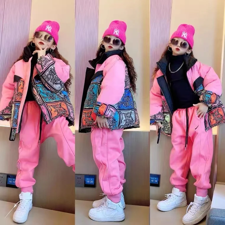 女童面包服套装网红冬季韩版短款加厚涂鸦棉服加绒运动裤两件套潮
