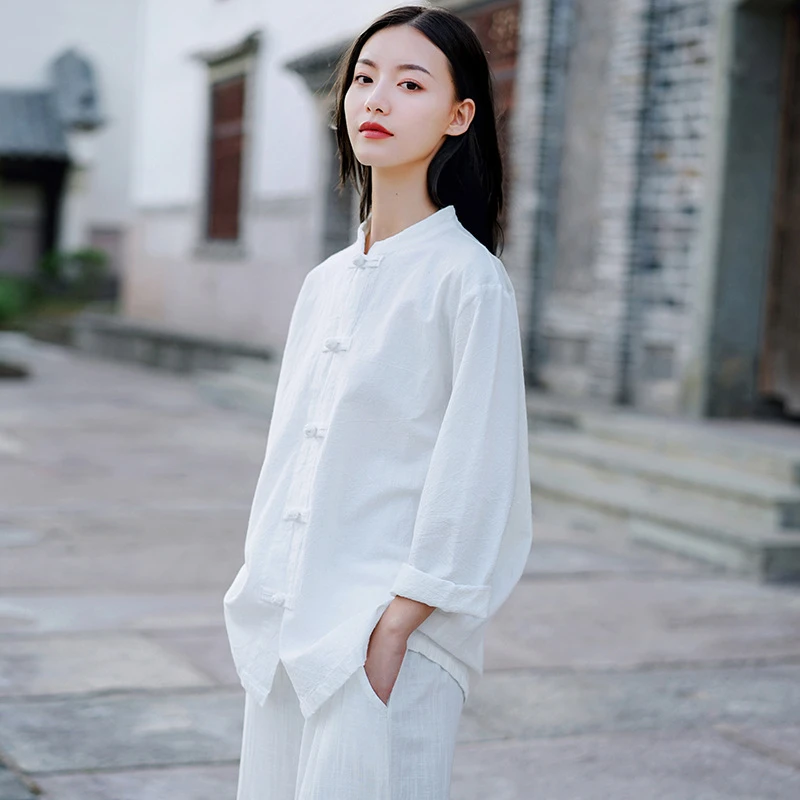中式国风复古盘扣棉麻衬衫茶服女禅意打坐练功太极服上衣套装裤子