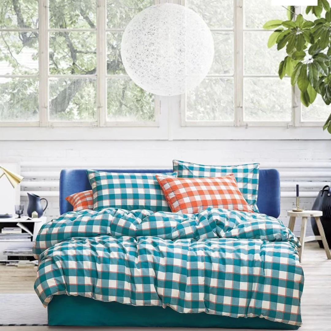 【珍妮-蓝小格】全棉精梳色织水洗棉母婴四件套床裙款AA款