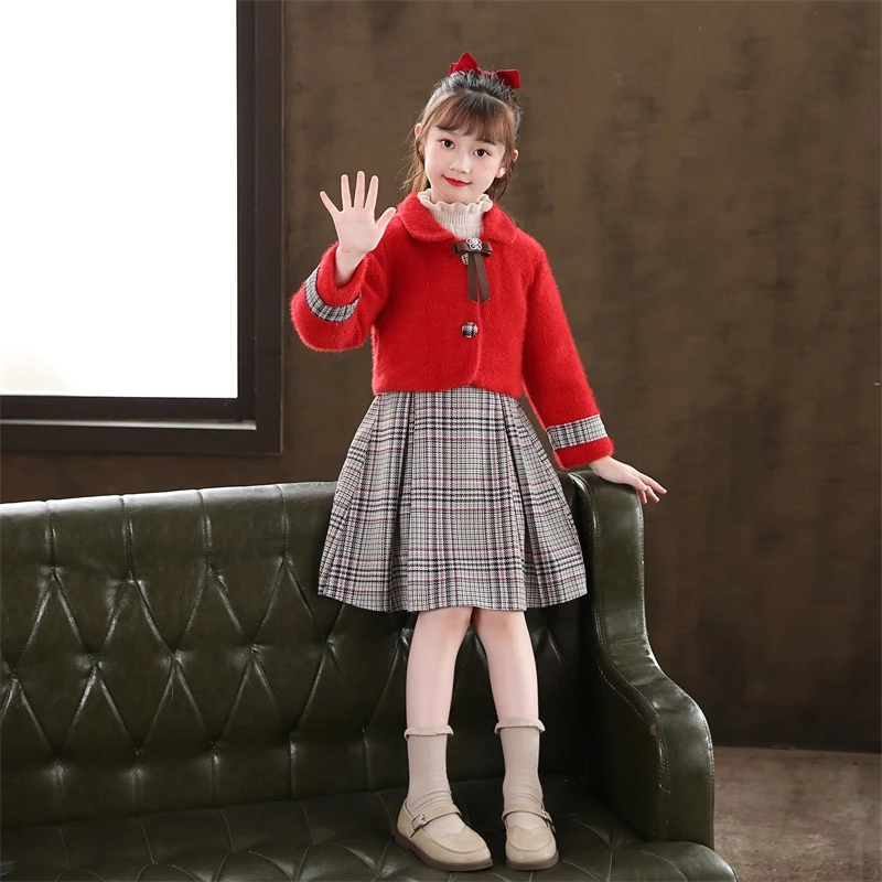 咔嫚儿女童套装冬季新款2021学院风洋气韩版小女孩冬装时髦两件套