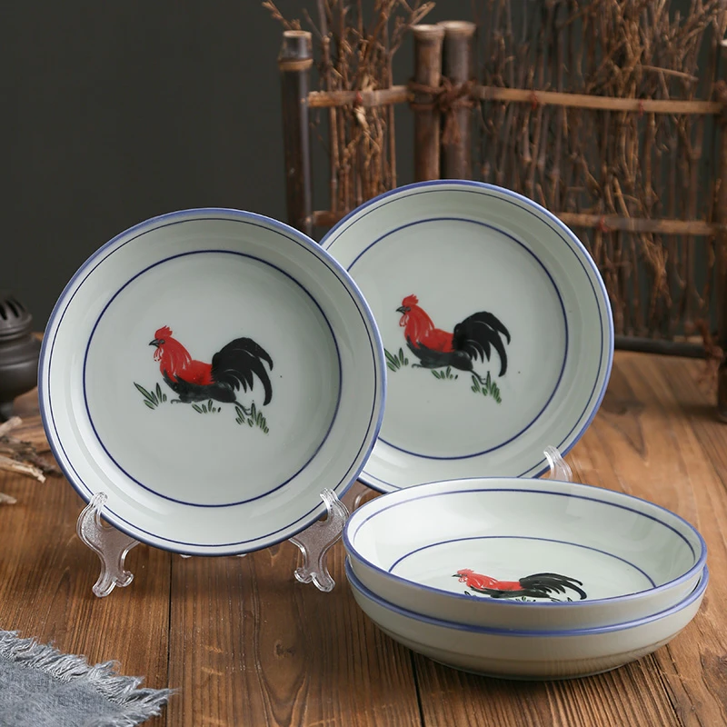 瑶子君公鸡陶瓷菜盘子碟子套装釉下彩家用怀旧复古老式青花瓷盘子