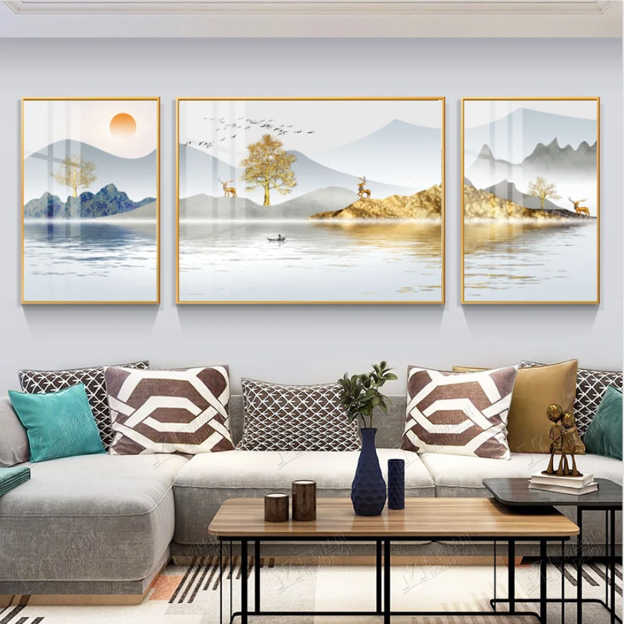 (客厅三联）福禄金山 包邮晶瓷晶钻客厅沙发挂画装饰画