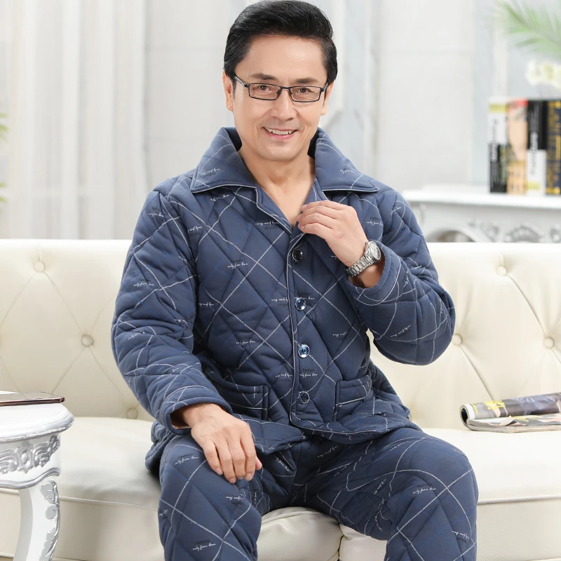 中老年睡衣男秋冬季长袖棉质加厚三层夹棉睡衣中年爸爸家居服套装