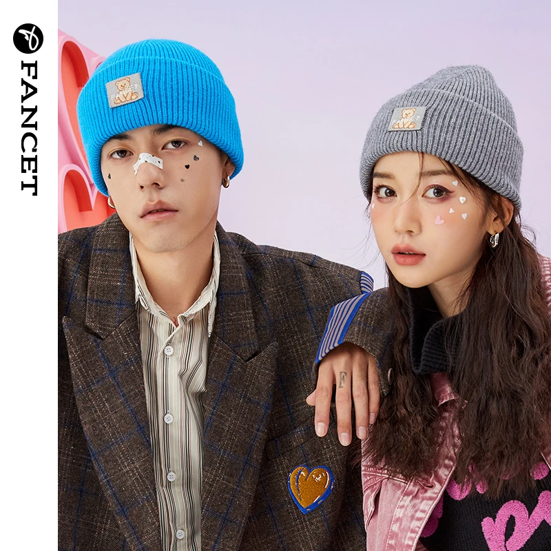 Fancet凡饰小熊毛线帽女冬季保暖针织帽潮牌冷帽