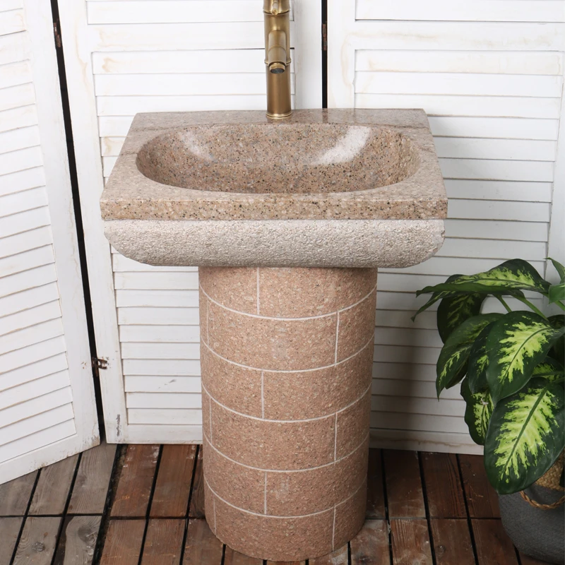 户外石头洗手盆一体庭院台盆立柱盆卫生间阳台洗手台室外水槽花园