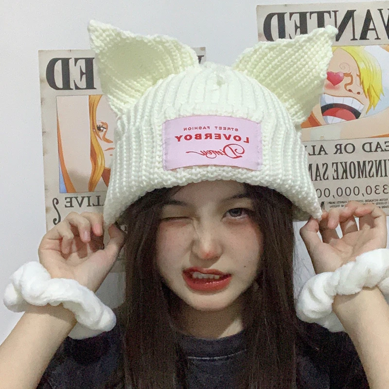 韩版时尚冷帽包头猪耳朵帽子针织毛线帽可爱保暖秋冬男女百搭ins