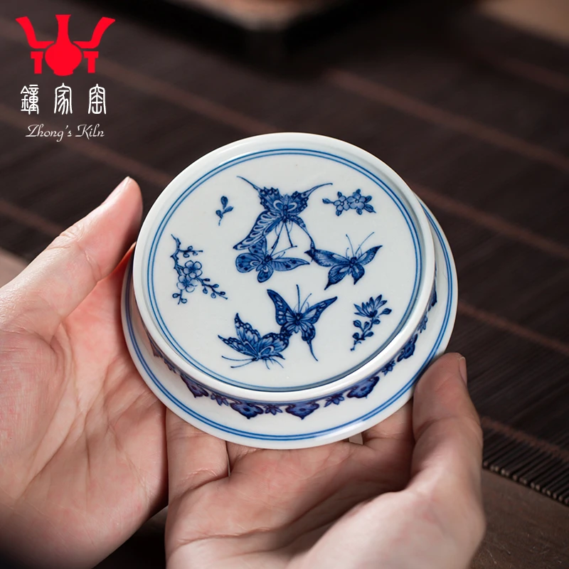 钟家窑盖置盖托 景德镇陶瓷青花柴窑手绘百蝶图盖置茶道圆形壶垫