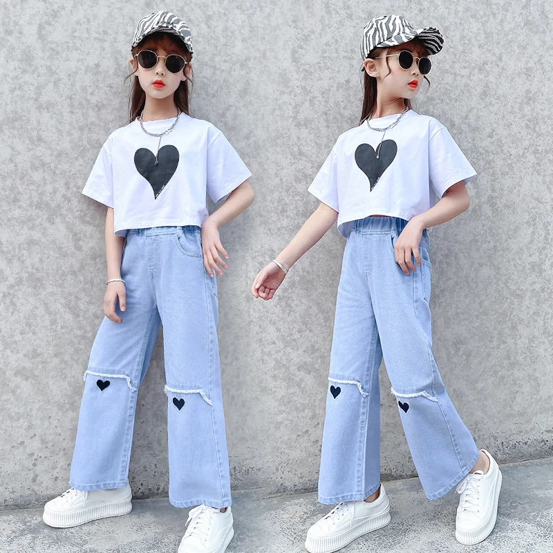 女童夏装套装韩版儿童网红洋气夏季中大童女孩牛仔阔腿裤两件套潮