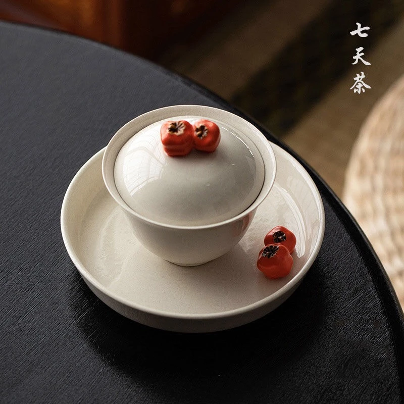 景德镇草木灰三才盖碗柿柿如意盖碗功夫茶具泡茶器泡茶碗柿子盖碗