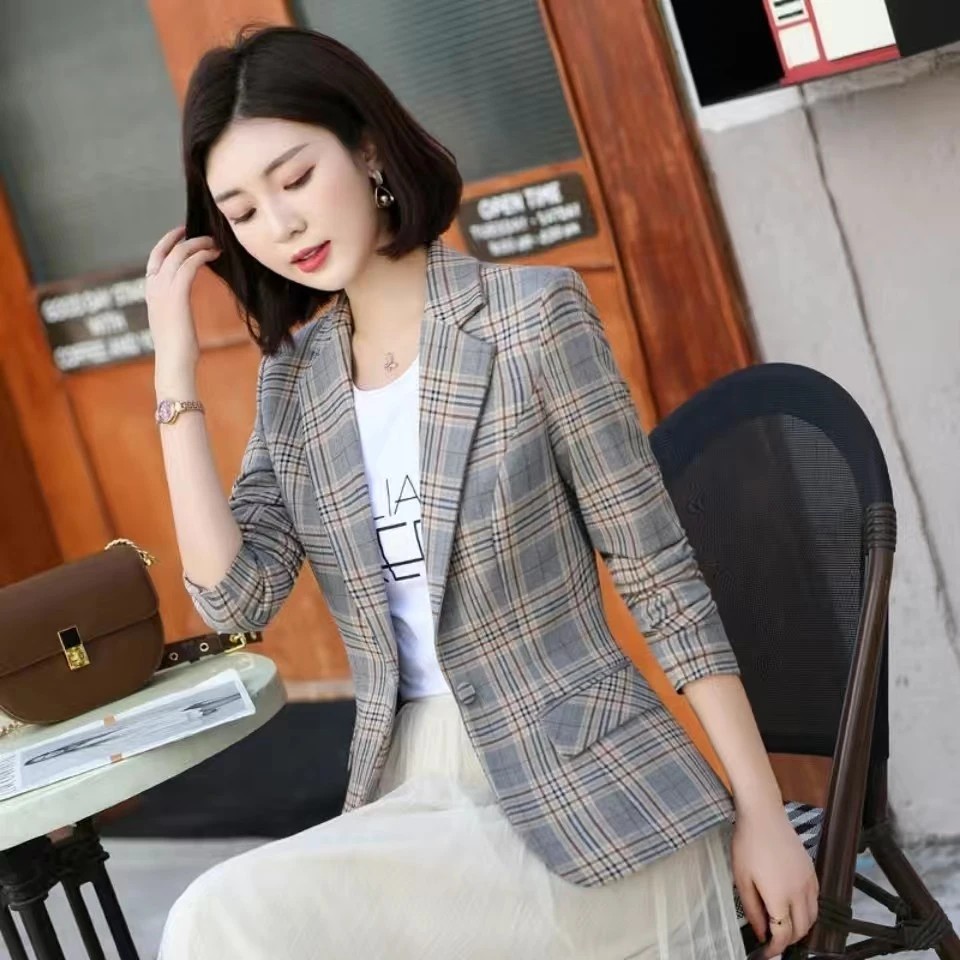 格子小西装外套女短款韩版修身显瘦气质休闲百搭长袖西服上衣