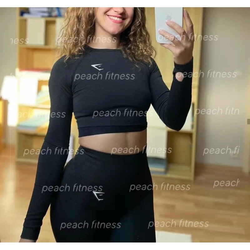 GYMSHARK vital轻薄透气女露脐长袖健身上衣 ins网红短运动健身服