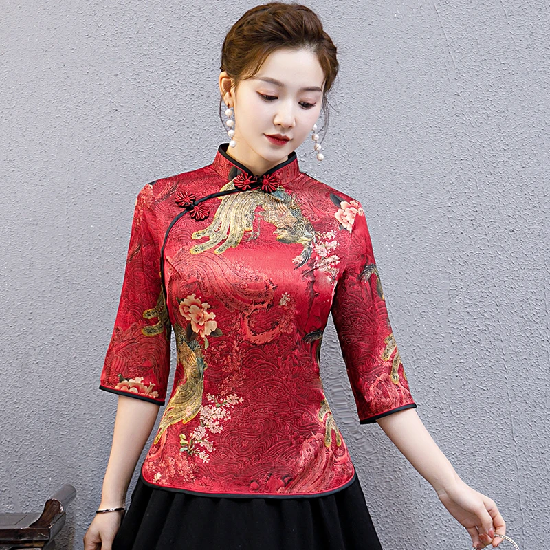 喜庆妈妈装中老年喜宴服斜襟中式国风唐装小衫七分袖改良旗袍上衣