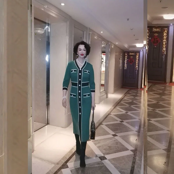 春秋款轻奢法式针织连衣裙时尚气质显瘦拼色春夏超显瘦连衣裙女装