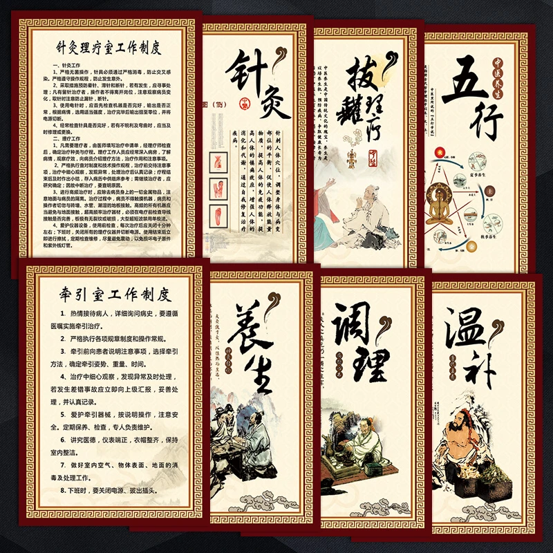 中医文化宣传画挂图牵引室拔罐针灸理疗室工作制度牌墙贴画WSH