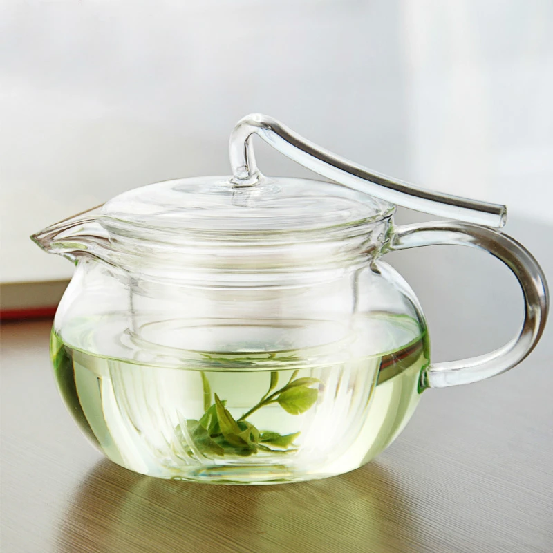 加厚压把壶耐热手工玻璃透明花茶壶 飘带花茶壶带漏壶450ml内胆