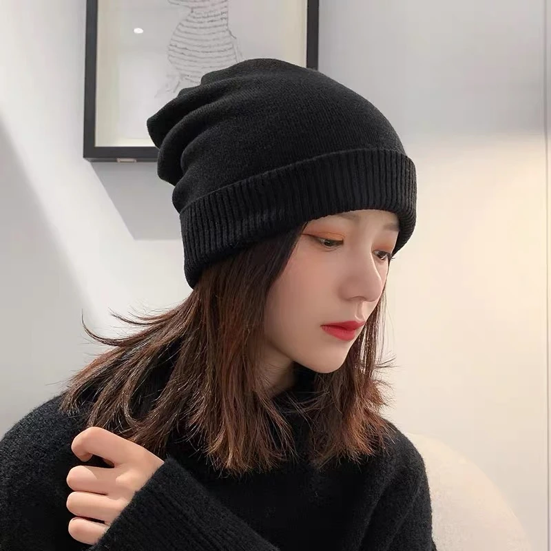 晴子Studio~时尚百搭堆堆帽针织帽加厚加绒秋冬季黑色韩版冷帽ins