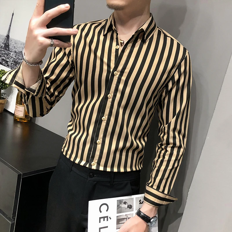 长袖衬衫商务抗皱免烫修身衬衣高级感休闲条纹寸衫帅气百搭男装潮