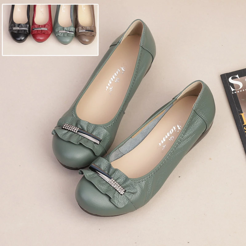 真皮单鞋平跟软底女鞋浅口舒适防滑牛皮休闲妈妈鞋孕妇鞋大码鞋