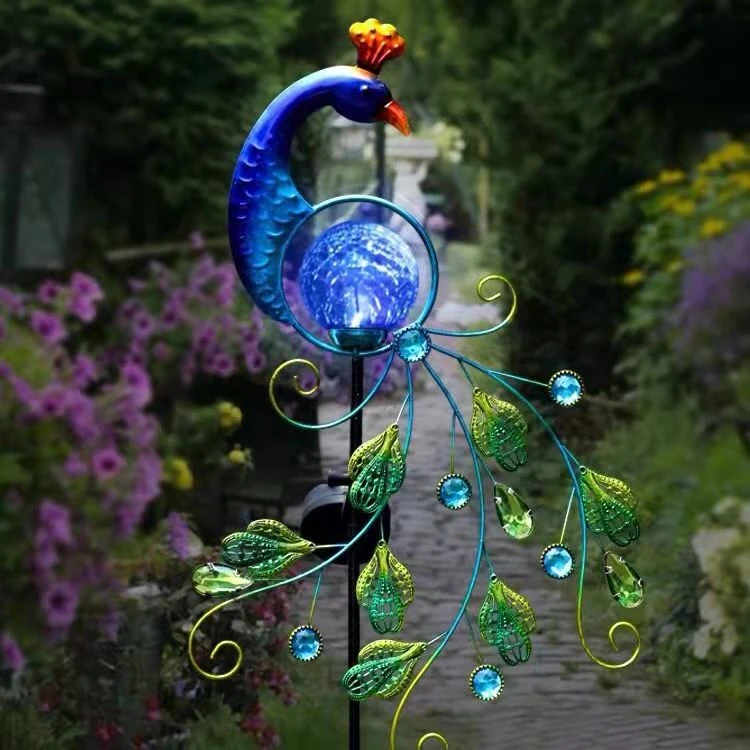 花园庭院装饰太阳能玻璃裂纹灯摆件蓝色仿真孔雀户外铁艺插件造景